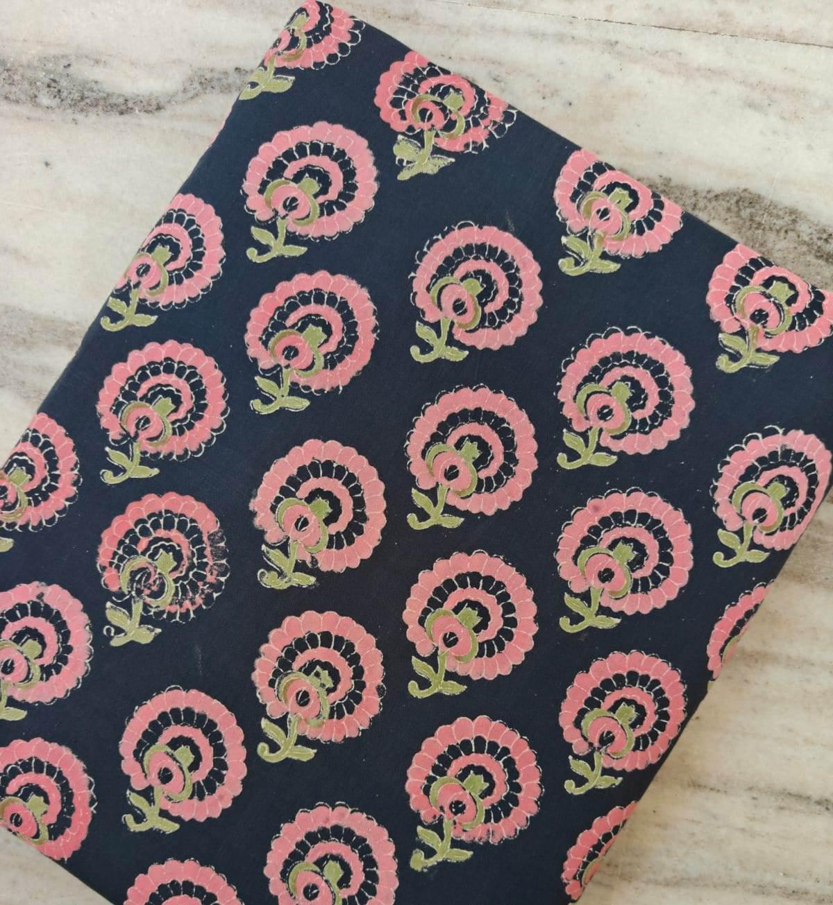 Navy Blue Color Indian Hand Block Print Fabric, Floral 100% Cotton Quilting Fabric By The Yard, Dressmaking Fabric, Napkins, Loose Fabric