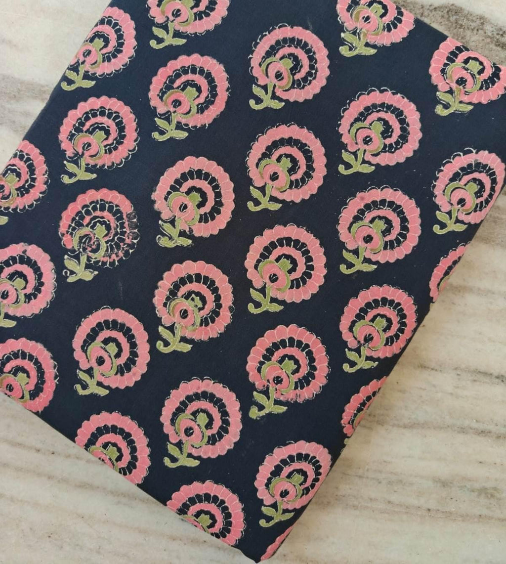 Navy Blue Color Indian Hand Block Print Fabric, Floral 100% Cotton Quilting Fabric By The Yard, Dressmaking Fabric, Napkins, Loose Fabric