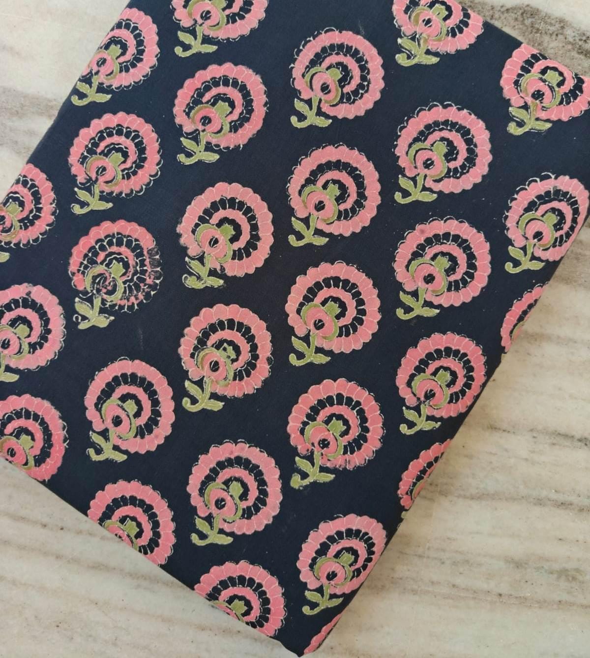 Navy Blue Color Indian Hand Block Print Fabric, Floral 100% Cotton Quilting Fabric By The Yard, Dressmaking Fabric, Napkins, Loose Fabric
