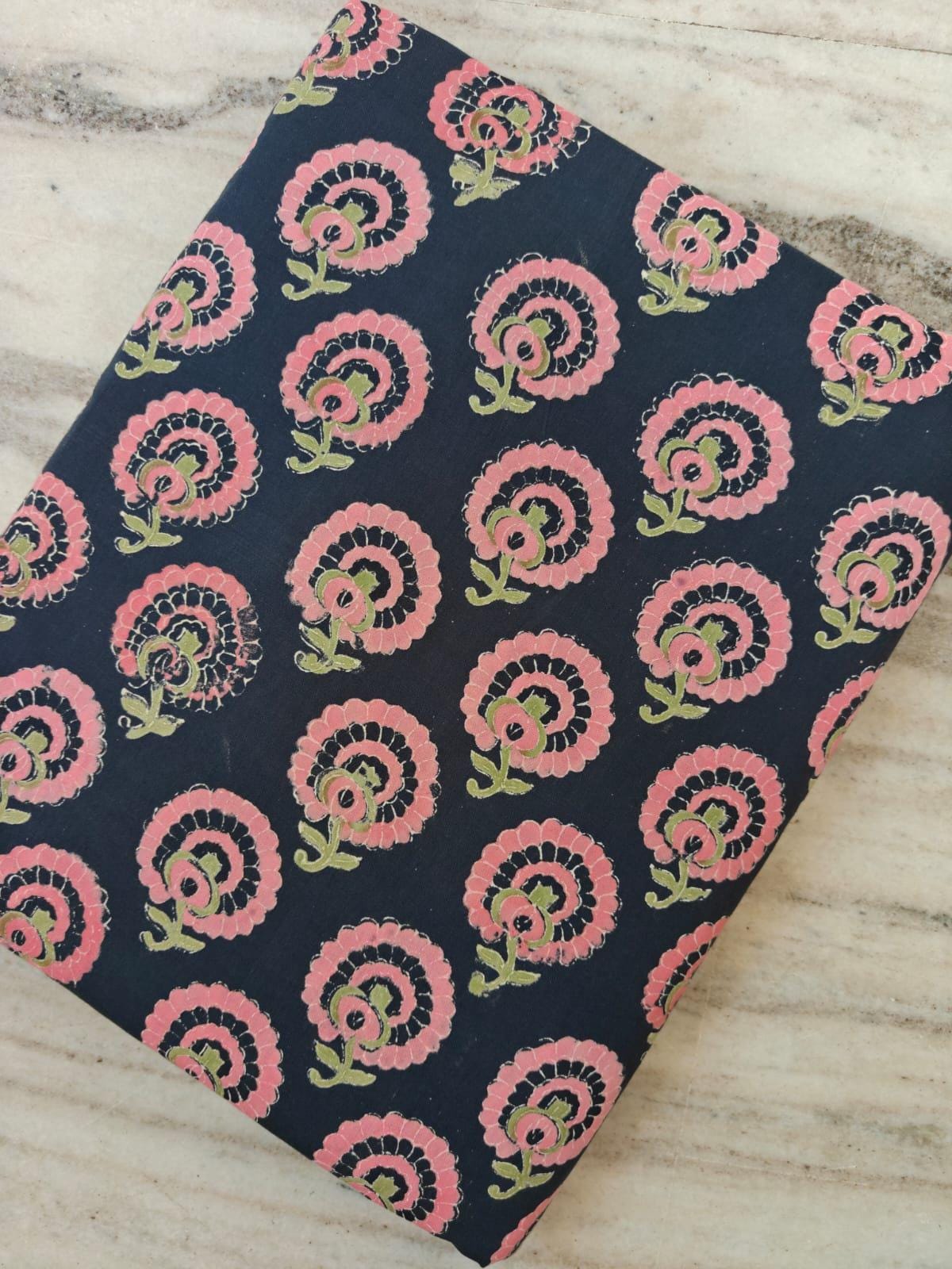 Navy Blue Color Indian Hand Block Print Fabric, Floral 100% Cotton Quilting Fabric By The Yard, Dressmaking Fabric, Napkins, Loose Fabric
