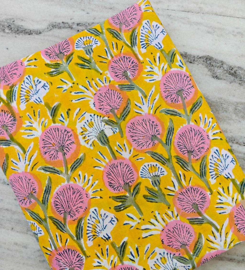 Yellow Color Indian Hand Block Print Fabric, Floral 100% Cotton Quilting Fabric By The Yard, Dressmaking Fabric, Napkins Fabric Loose Fabric
