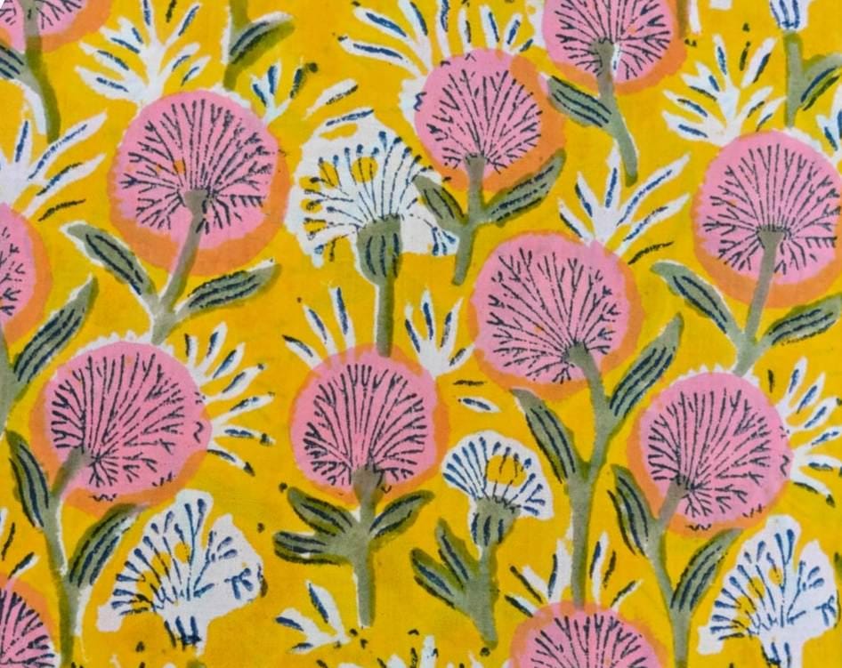 Yellow Color Indian Hand Block Print Fabric, Floral 100% Cotton Quilting Fabric By The Yard, Dressmaking Fabric, Napkins Fabric Loose Fabric