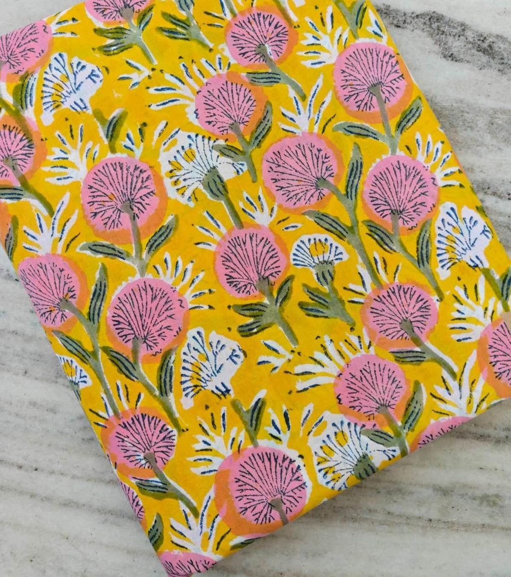 Yellow Color Indian Hand Block Print Fabric, Floral 100% Cotton Quilting Fabric By The Yard, Dressmaking Fabric, Napkins Fabric Loose Fabric