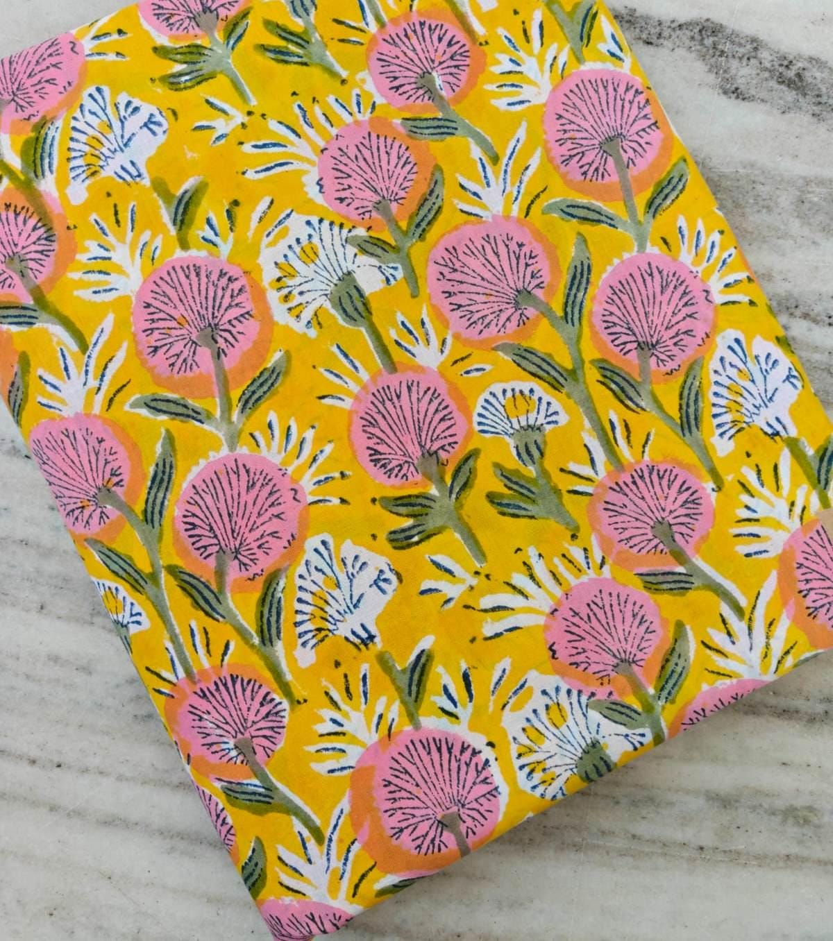 Yellow Color Indian Hand Block Print Fabric, Floral 100% Cotton Quilting Fabric By The Yard, Dressmaking Fabric, Napkins Fabric Loose Fabric