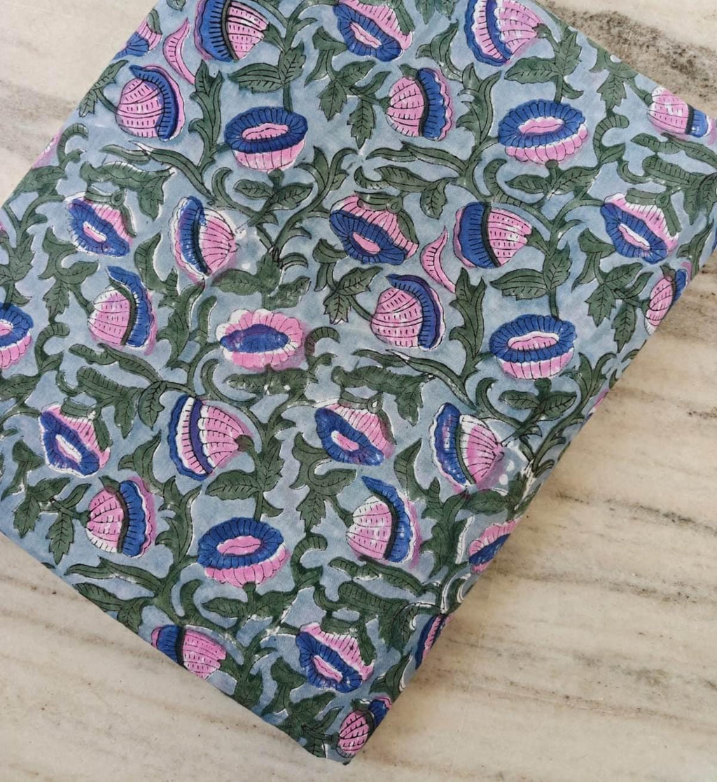 Blue Pink Floral Hand Block Print Cotton Fabric by Yard, Indian Cotton Fabric for Sewing, Dresses, Quilting & Crafts, Loose Running Fabric