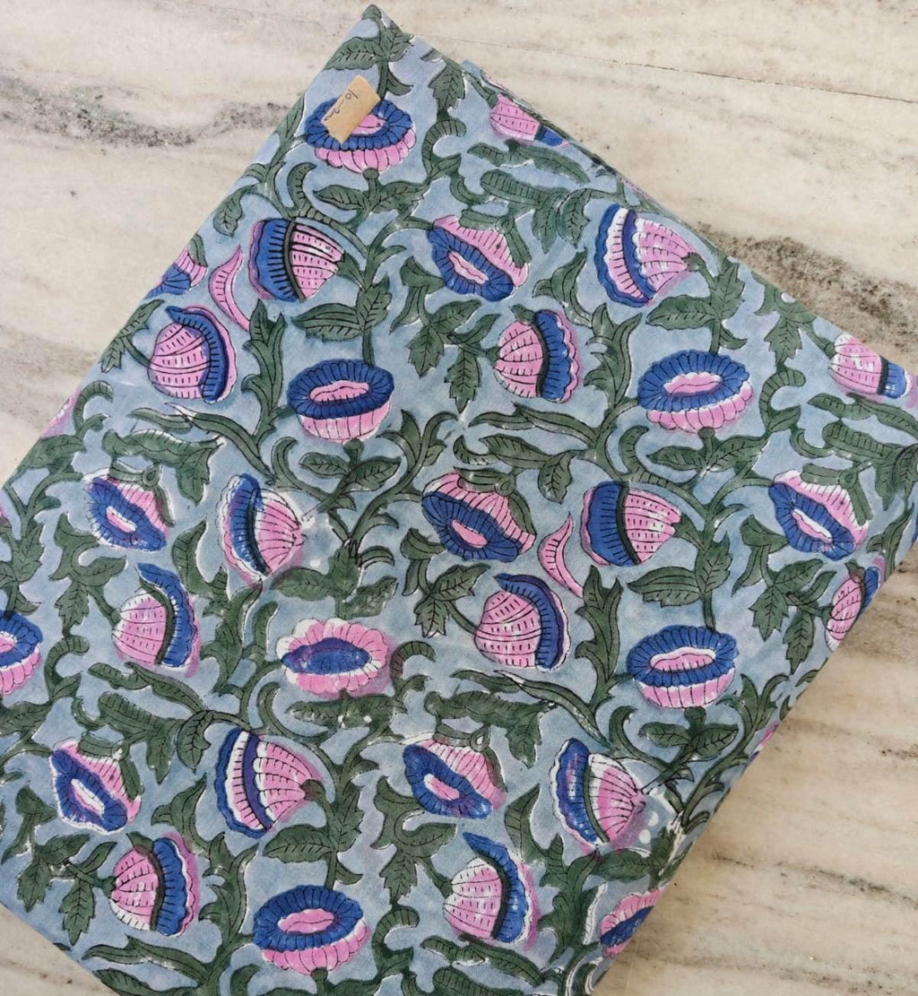 Blue Pink Floral Hand Block Print Cotton Fabric by Yard, Indian Cotton Fabric for Sewing, Dresses, Quilting & Crafts, Loose Running Fabric