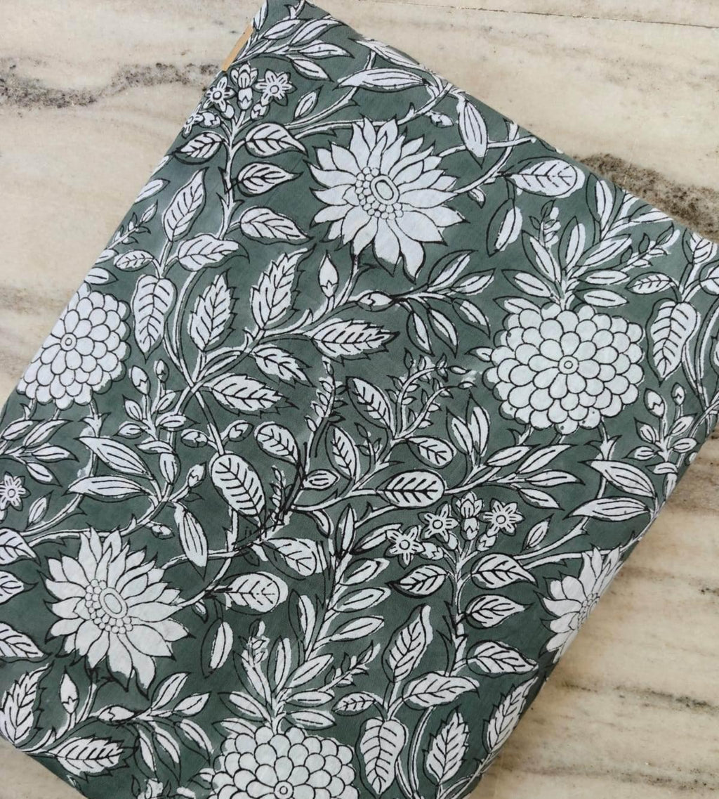 Green White Floral Hand Block Print Cotton Fabric by Yard, Botanical Indian Cotton Fabric for Sewing, Quilting & Home Decor, Loose Fabric