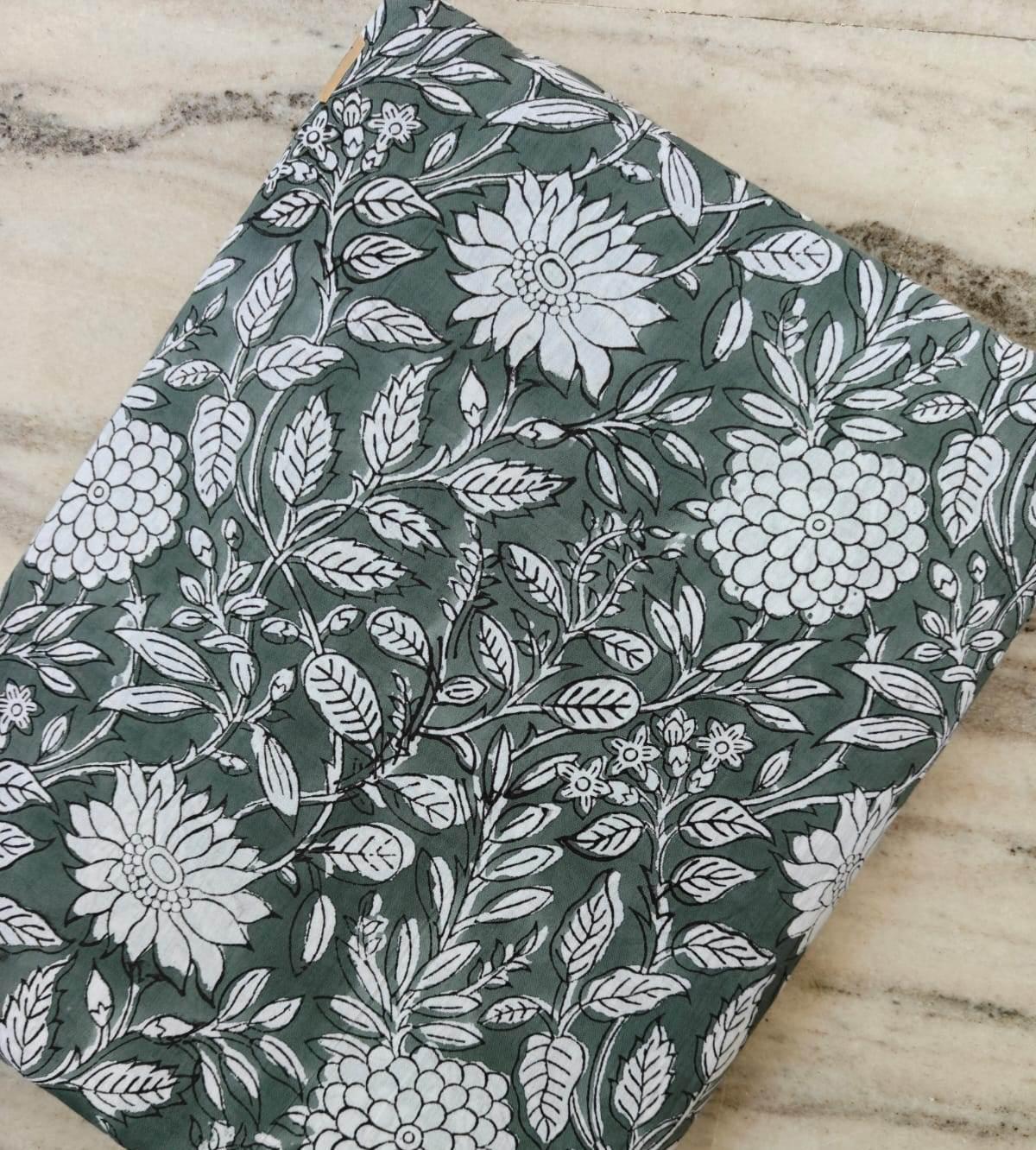 Green White Floral Hand Block Print Cotton Fabric by Yard, Botanical Indian Cotton Fabric for Sewing, Quilting & Home Decor, Loose Fabric