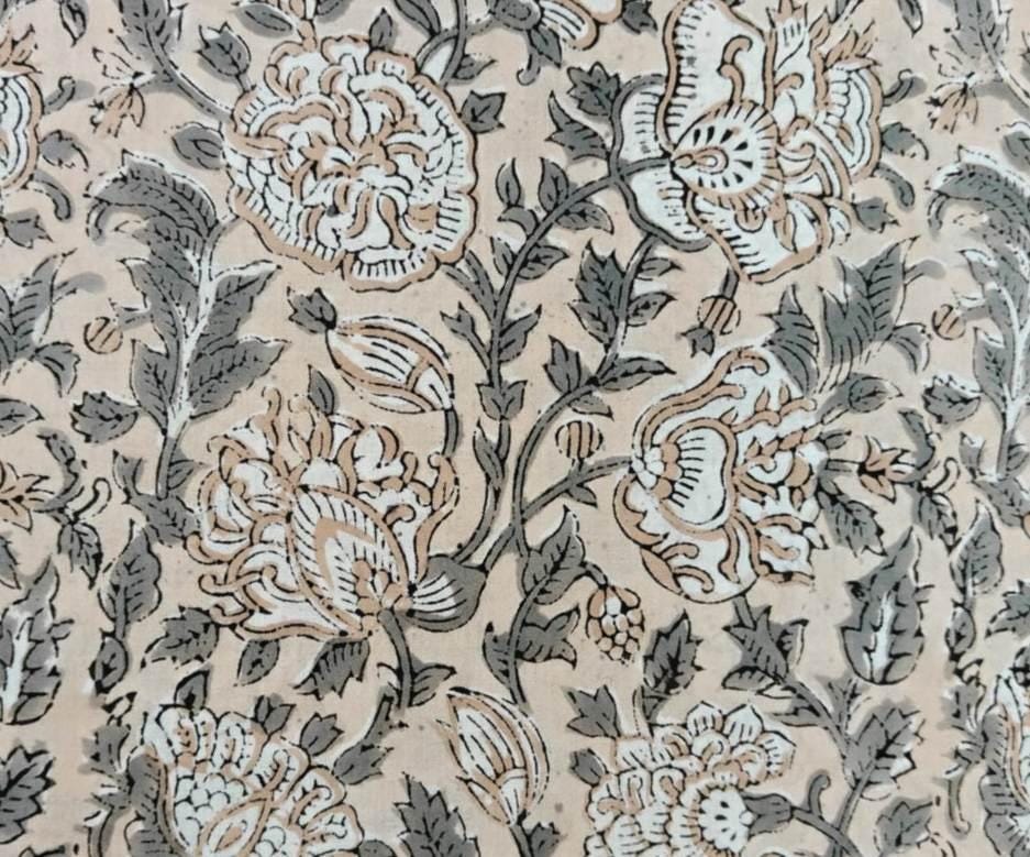 Beige Floral Cotton Fabric by the Yard | Hand Block Print Botanical Fabric | Neutral Boho Sewing Quilting Upholstery Textile | Loose Fabric
