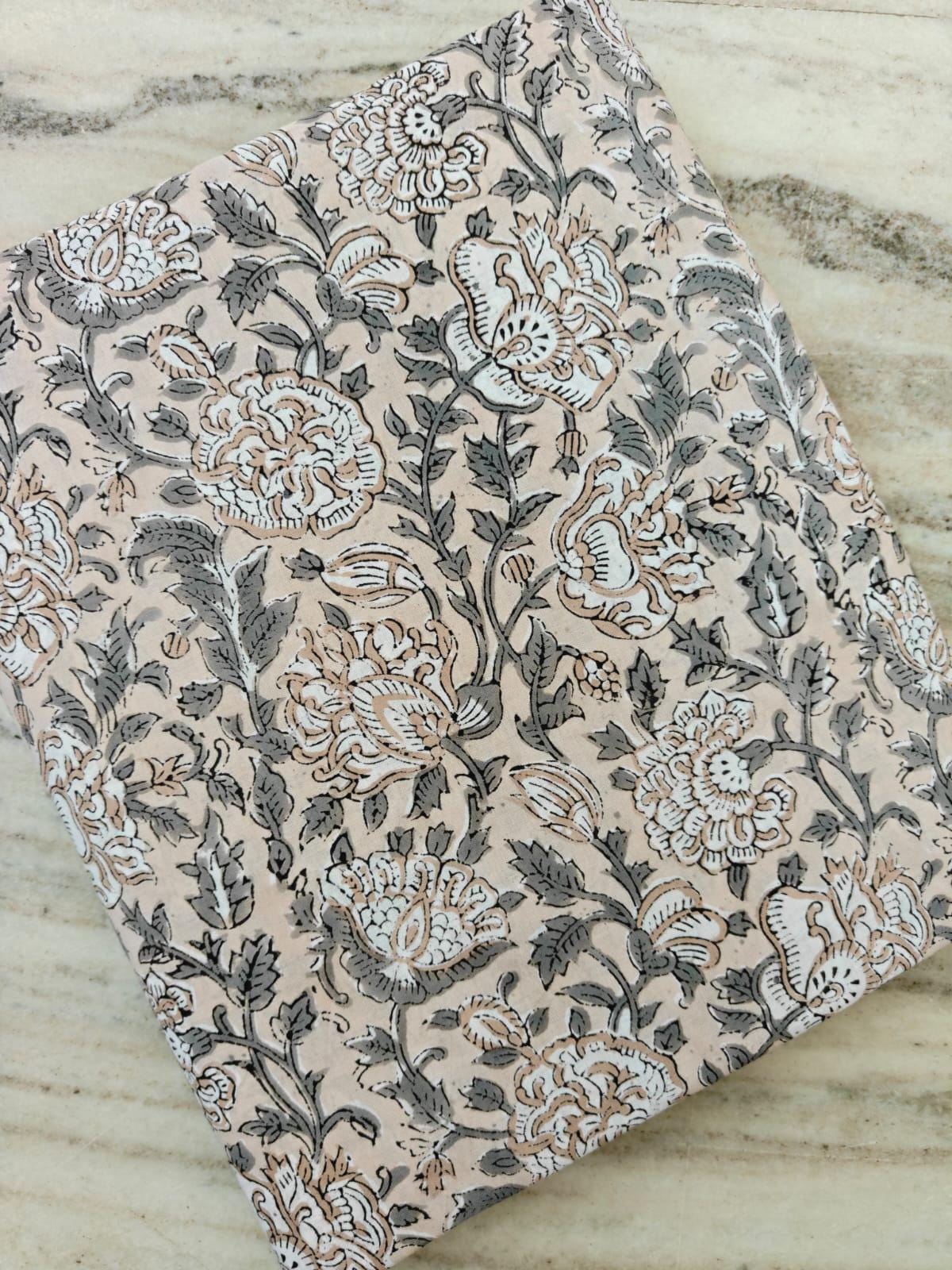 Beige Floral Cotton Fabric by the Yard | Hand Block Print Botanical Fabric | Neutral Boho Sewing Quilting Upholstery Textile | Loose Fabric