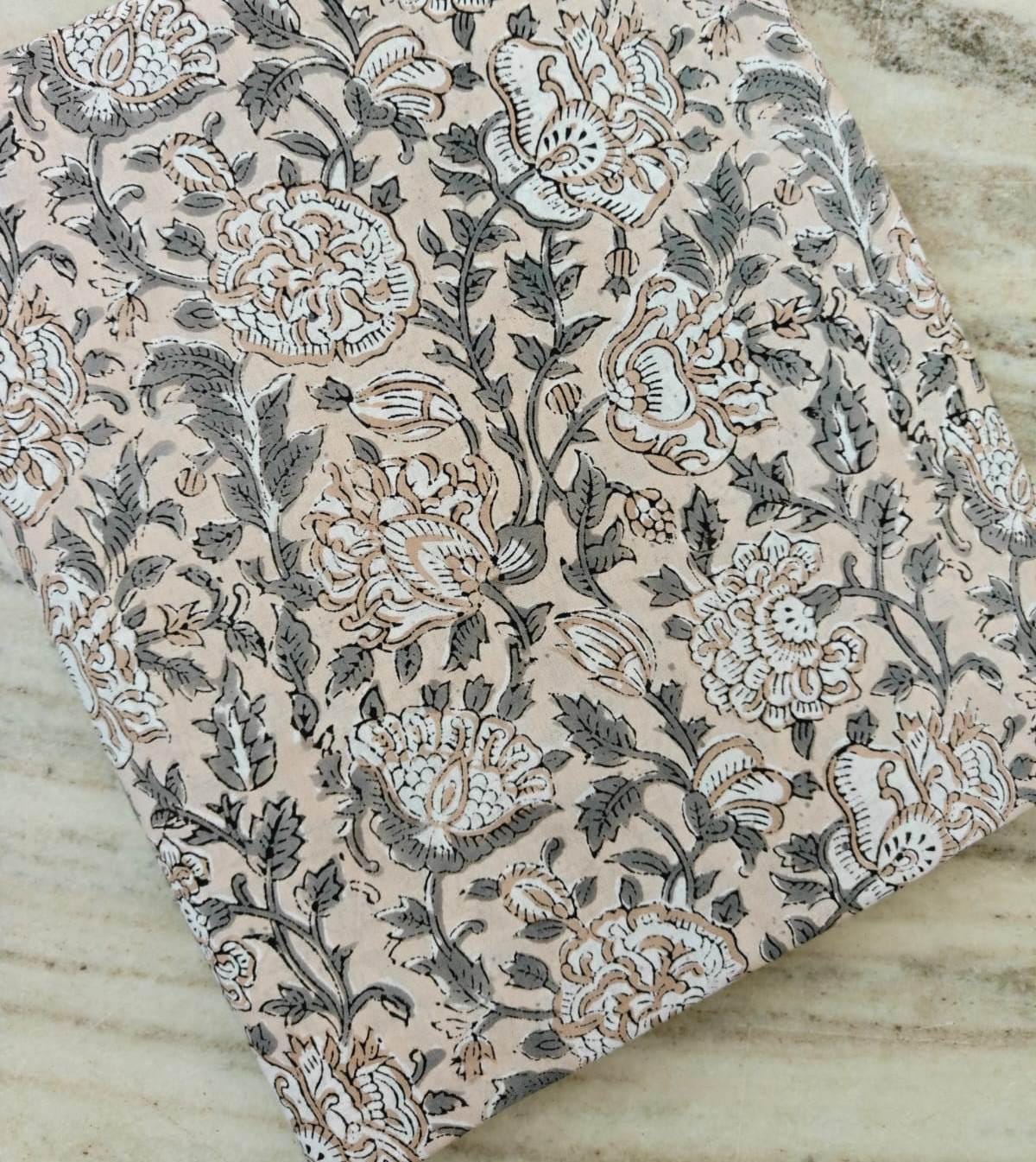 Beige Floral Cotton Fabric by the Yard | Hand Block Print Botanical Fabric | Neutral Boho Sewing Quilting Upholstery Textile | Loose Fabric