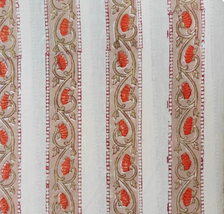 White Floral Stripe Cotton Fabric by the Yard, Hand Block Print Border Fabric, Sewing Quilting Upholstery Textile, Running Cotton Fabric