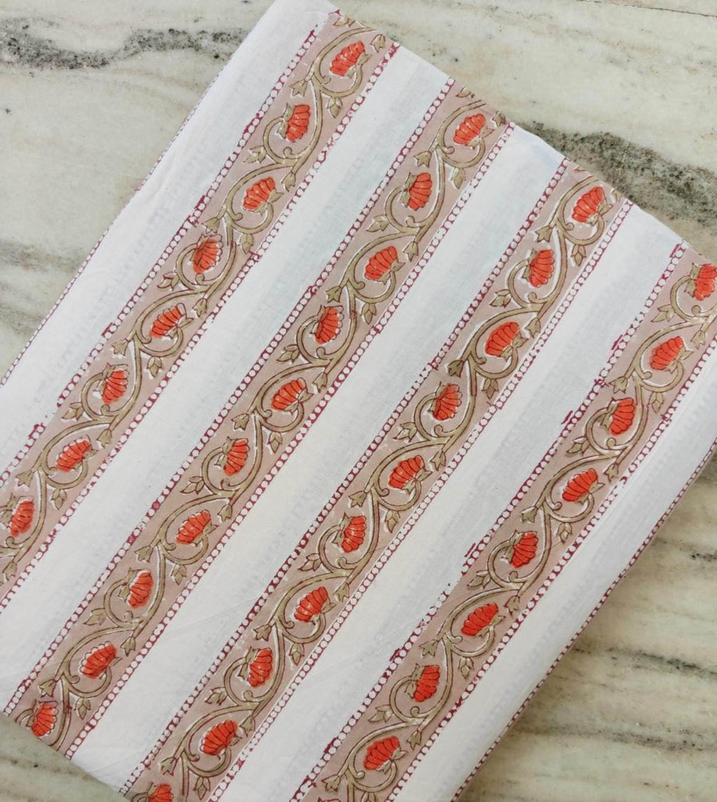 White Floral Stripe Cotton Fabric by the Yard, Hand Block Print Border Fabric, Sewing Quilting Upholstery Textile, Running Cotton Fabric