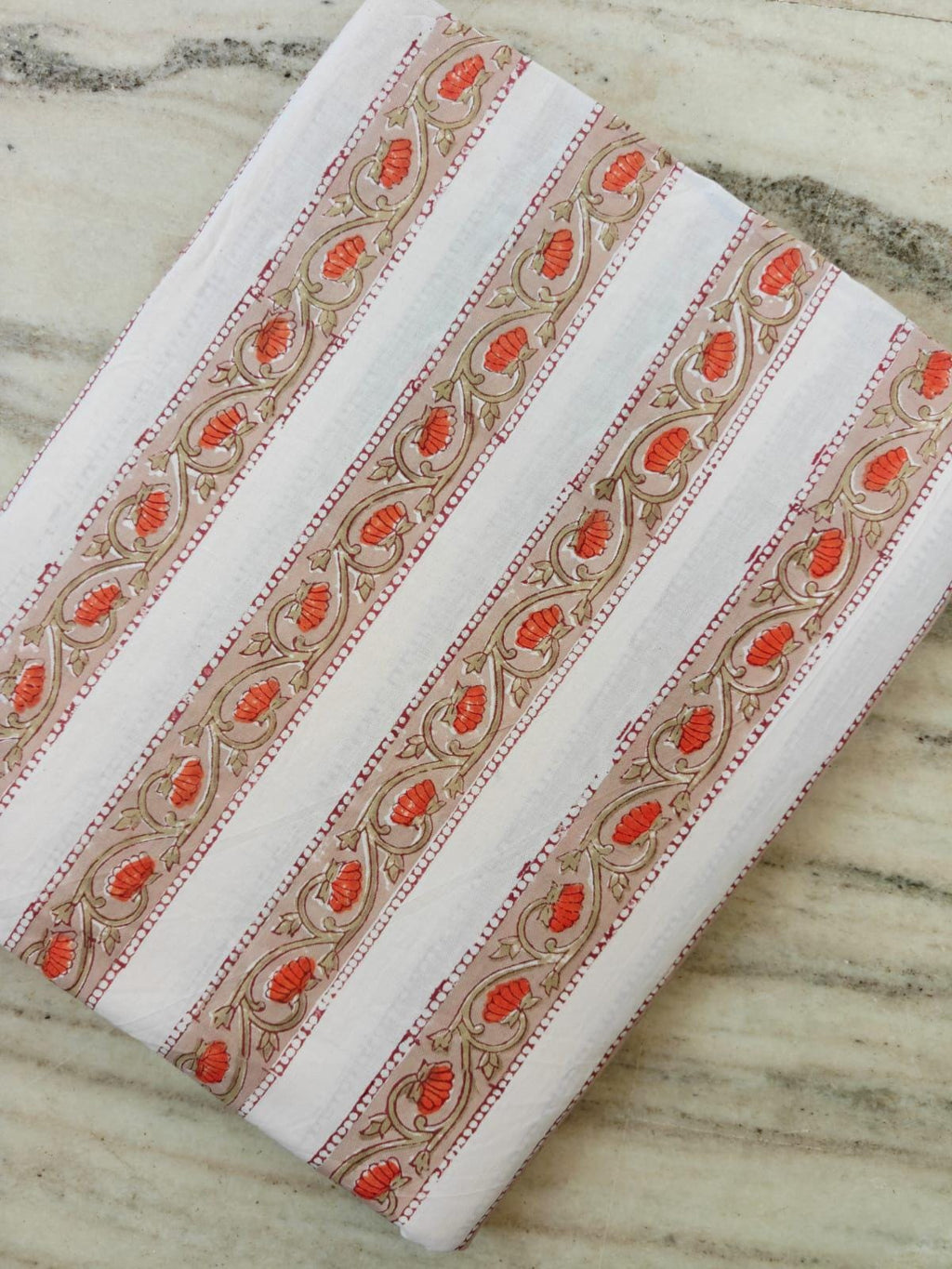 White Floral Stripe Cotton Fabric by the Yard, Hand Block Print Border Fabric, Sewing Quilting Upholstery Textile, Running Cotton Fabric