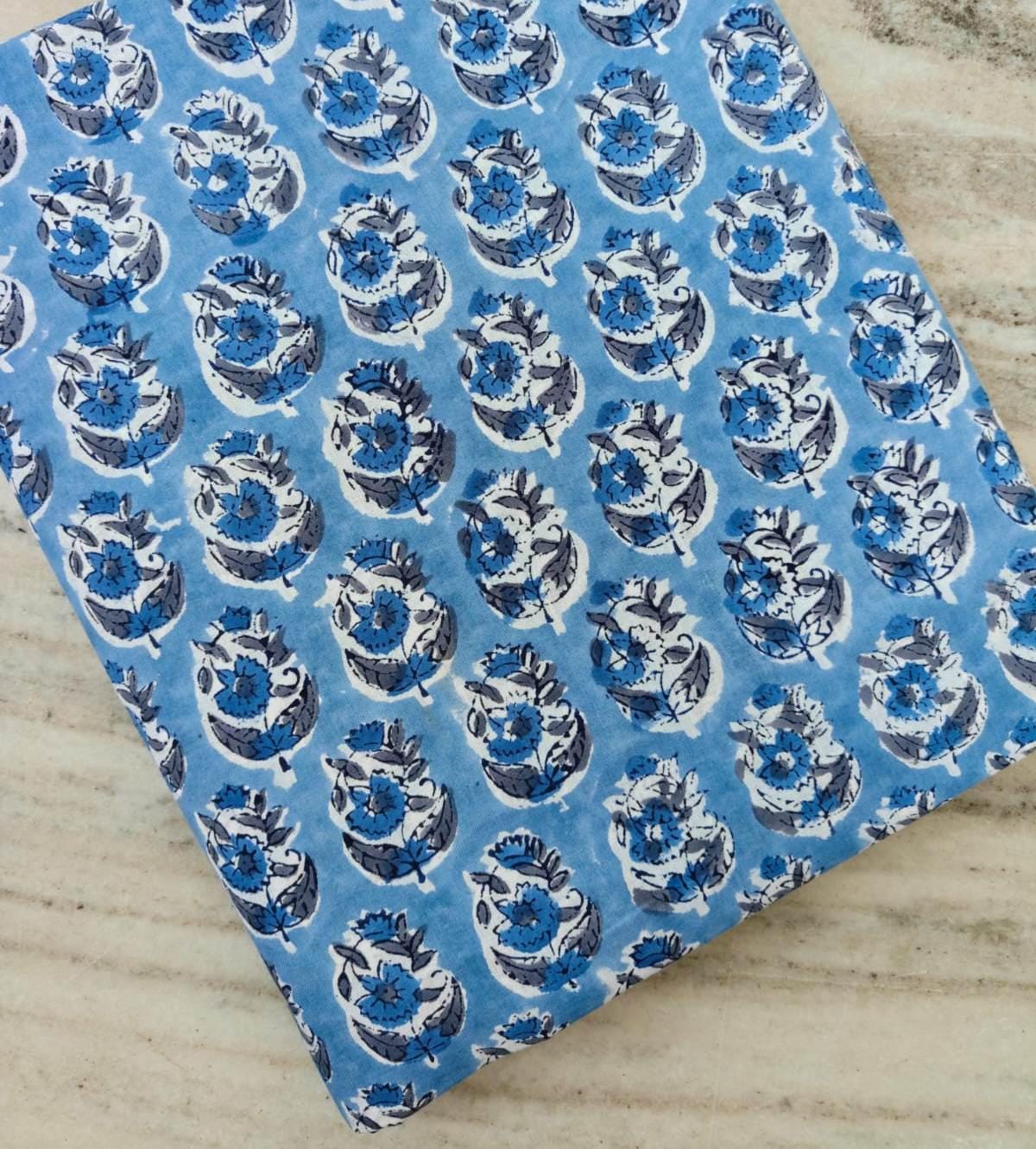 Blue Floral Cotton Fabric by the Yard, Hand Block Print Indian Fabric, Quilting Sewing Upholstery Textile For Dress Making, Running Fabric
