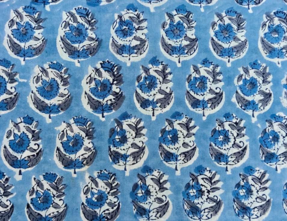 Blue Floral Cotton Fabric by the Yard, Hand Block Print Indian Fabric, Quilting Sewing Upholstery Textile For Dress Making, Running Fabric