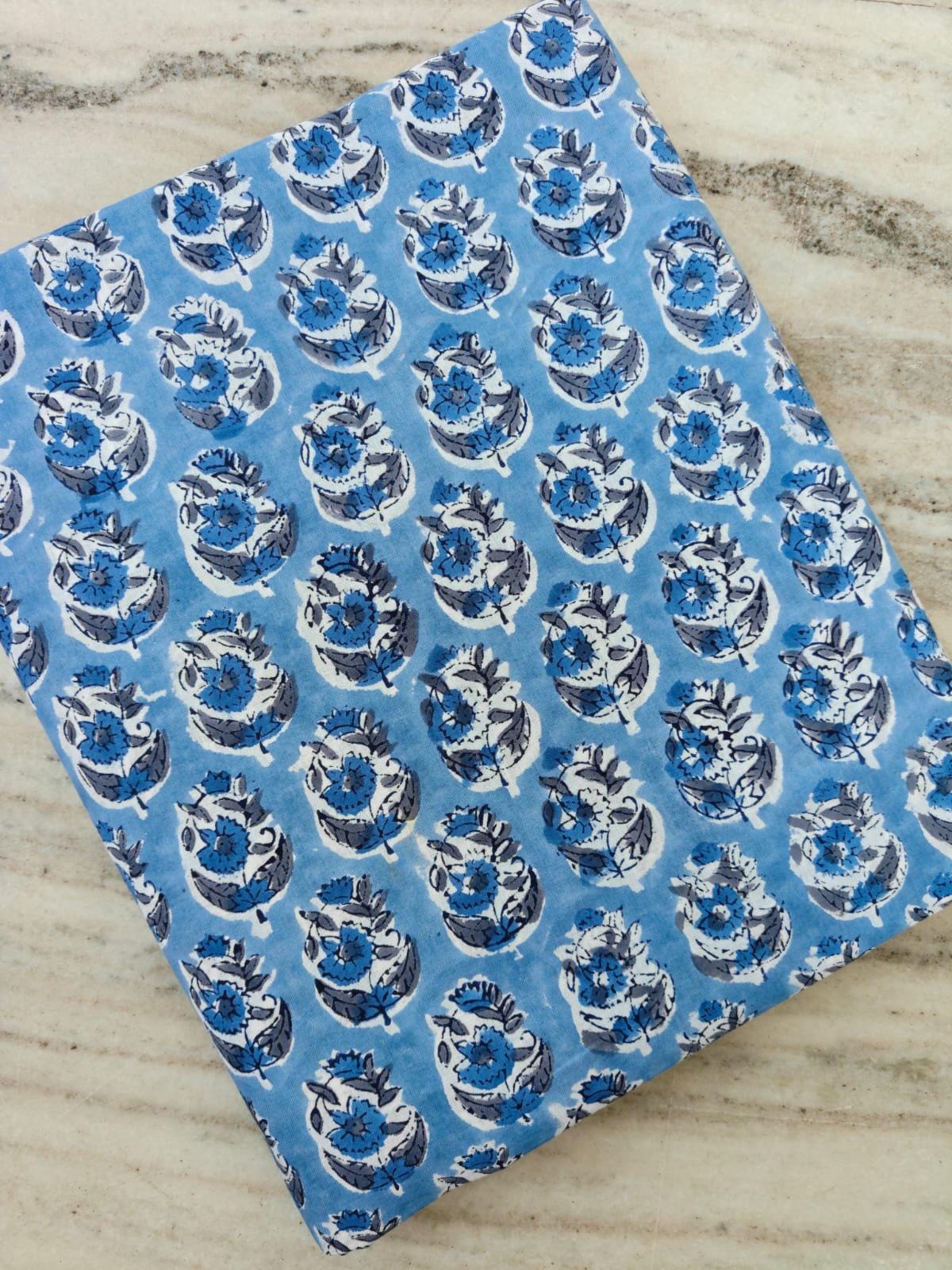 Blue Floral Cotton Fabric by the Yard, Hand Block Print Indian Fabric, Quilting Sewing Upholstery Textile For Dress Making, Running Fabric