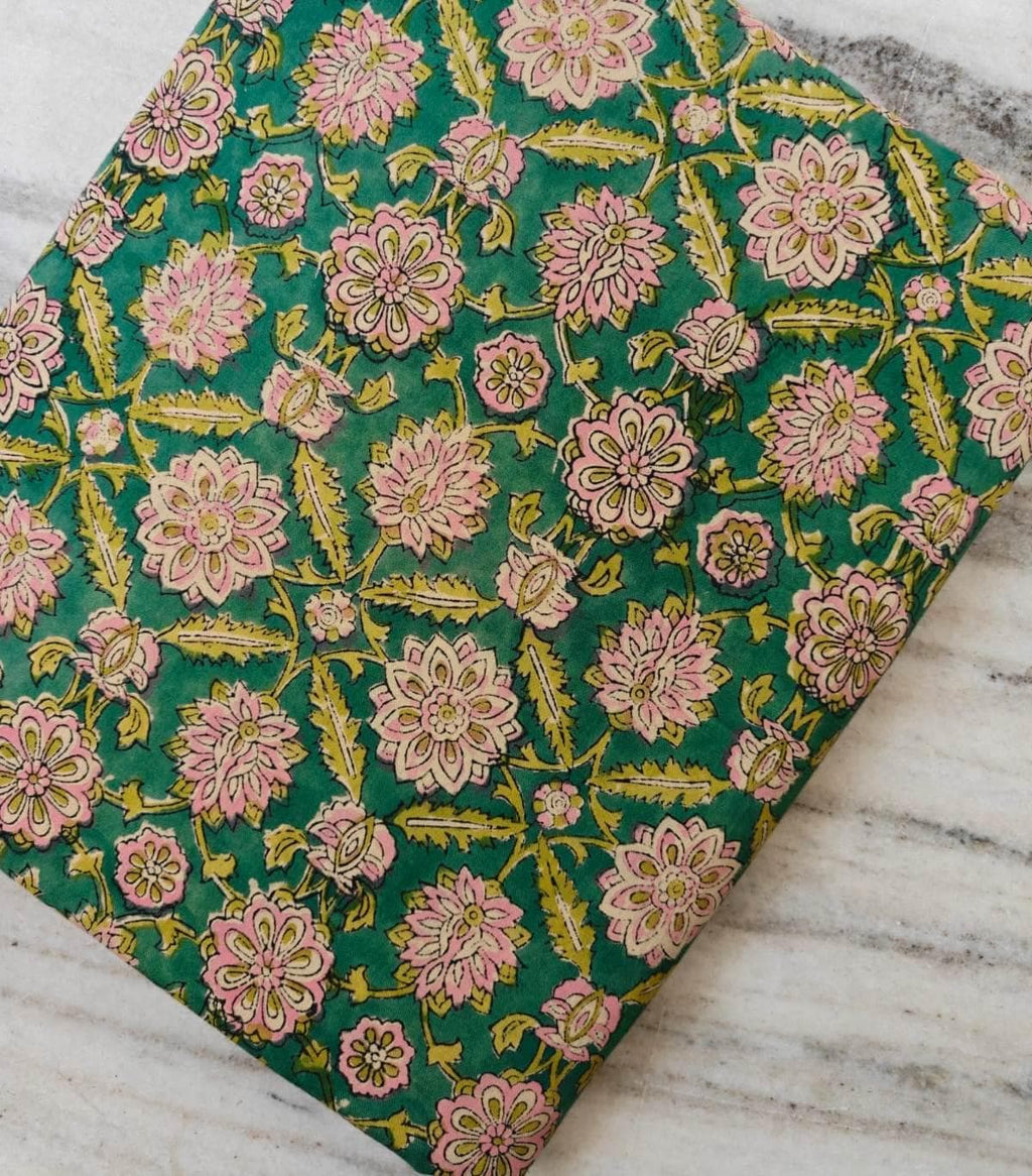Green Floral Cotton Fabric by the Yard, Hand Block Print Cotton Fabric, Pink Flower Botanical Fabric, Indian Cotton Fabric, Napkins Decor