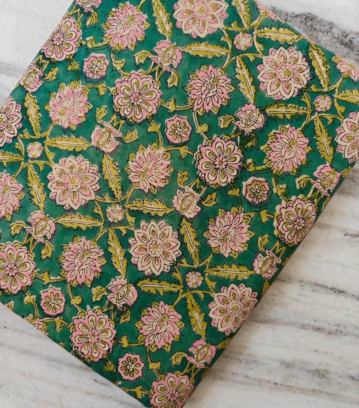 Green Floral Cotton Fabric by the Yard, Hand Block Print Cotton Fabric, Pink Flower Botanical Fabric, Indian Cotton Fabric, Napkins Decor