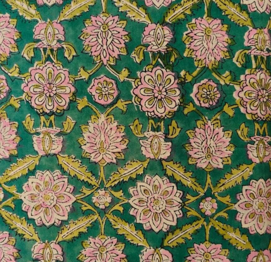Green Floral Cotton Fabric by the Yard, Hand Block Print Cotton Fabric, Pink Flower Botanical Fabric, Indian Cotton Fabric, Napkins Decor