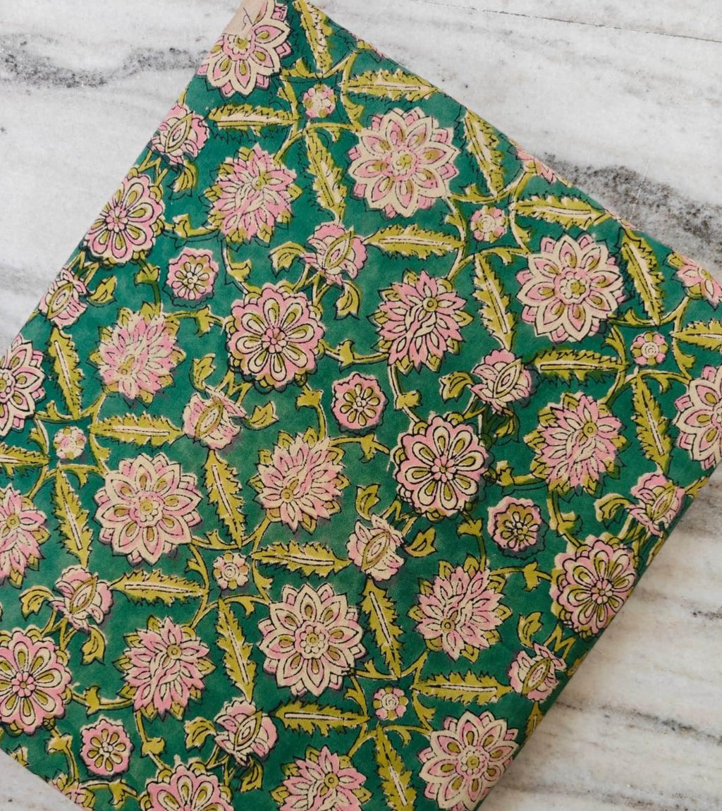 Green Floral Cotton Fabric by the Yard, Hand Block Print Cotton Fabric, Pink Flower Botanical Fabric, Indian Cotton Fabric, Napkins Decor