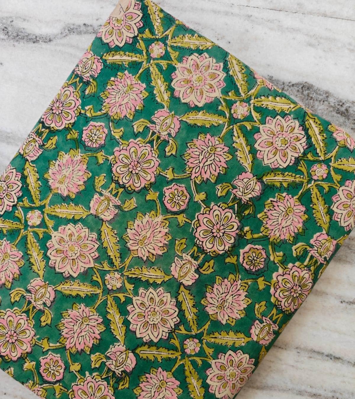 Green Floral Cotton Fabric by the Yard, Hand Block Print Cotton Fabric, Pink Flower Botanical Fabric, Indian Cotton Fabric, Napkins Decor