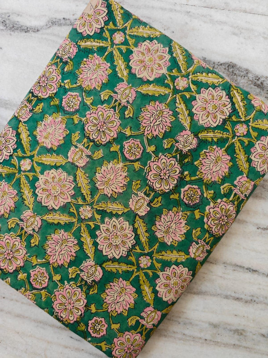 Green Floral Cotton Fabric by the Yard, Hand Block Print Cotton Fabric, Pink Flower Botanical Fabric, Indian Cotton Fabric, Napkins Decor