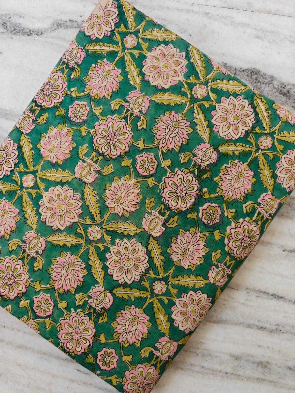 Green Floral Cotton Fabric by the Yard, Hand Block Print Cotton Fabric, Pink Flower Botanical Fabric, Indian Cotton Fabric, Napkins Decor