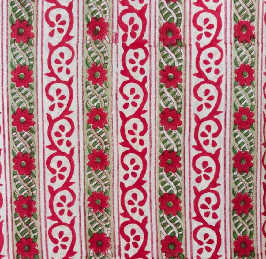 Hand Block Print Cotton Fabric by Yard, Pink Floral Stripe Cotton Fabric, Indian Handmade Fabric for Dresses Quilts Crafts Home Decor