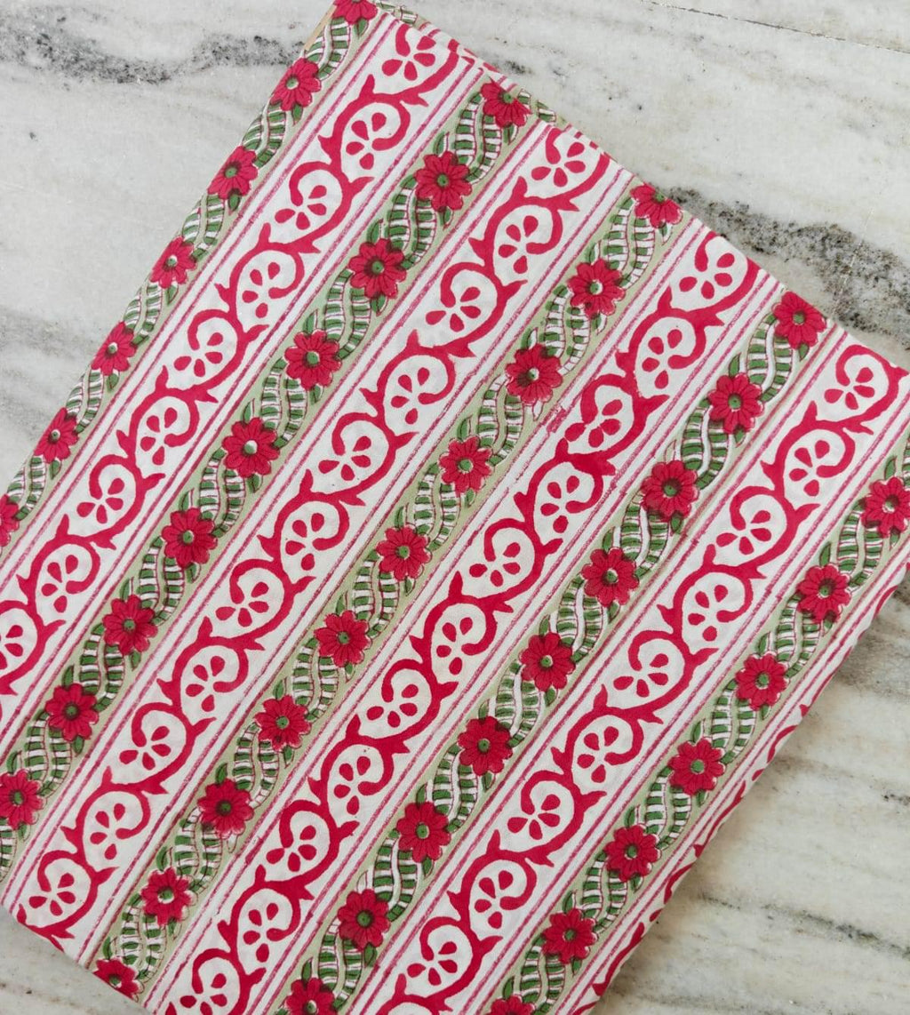 Hand Block Print Cotton Fabric by Yard, Pink Floral Stripe Cotton Fabric, Indian Handmade Fabric for Dresses Quilts Crafts Home Decor