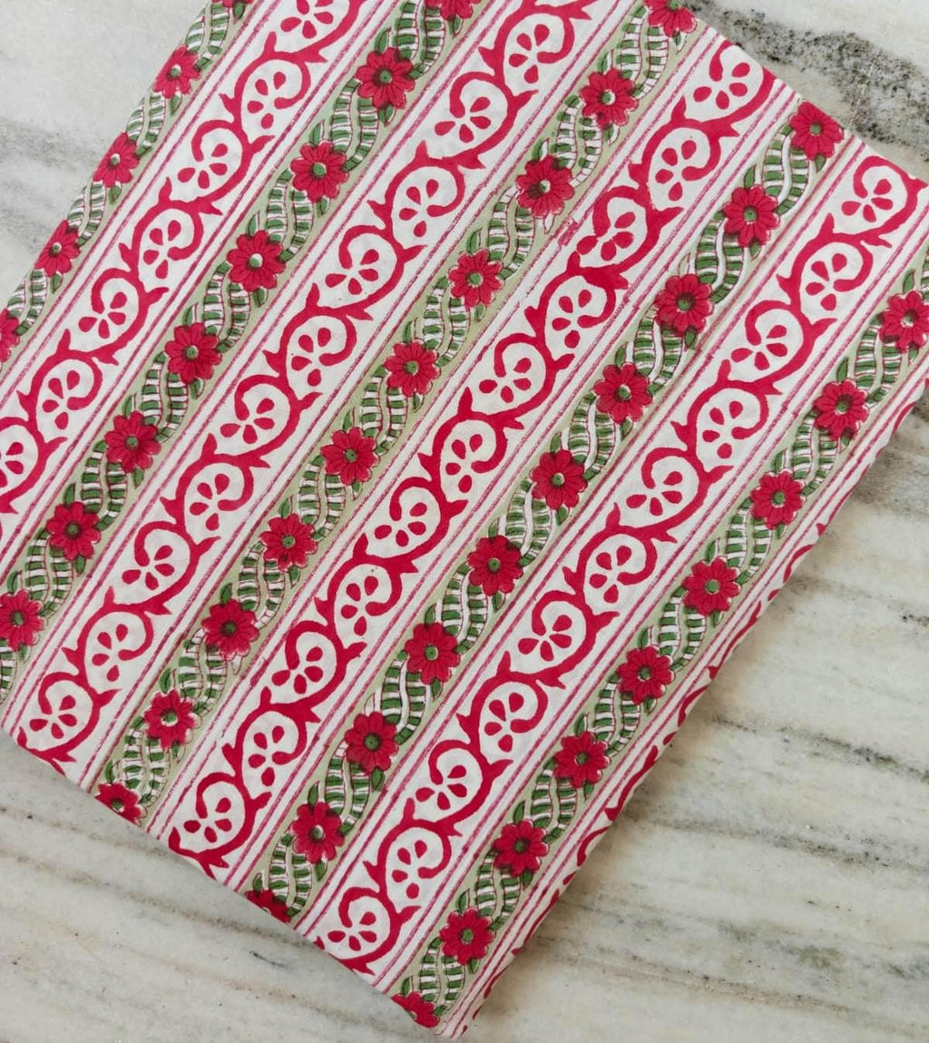 Hand Block Print Cotton Fabric by Yard, Pink Floral Stripe Cotton Fabric, Indian Handmade Fabric for Dresses Quilts Crafts Home Decor