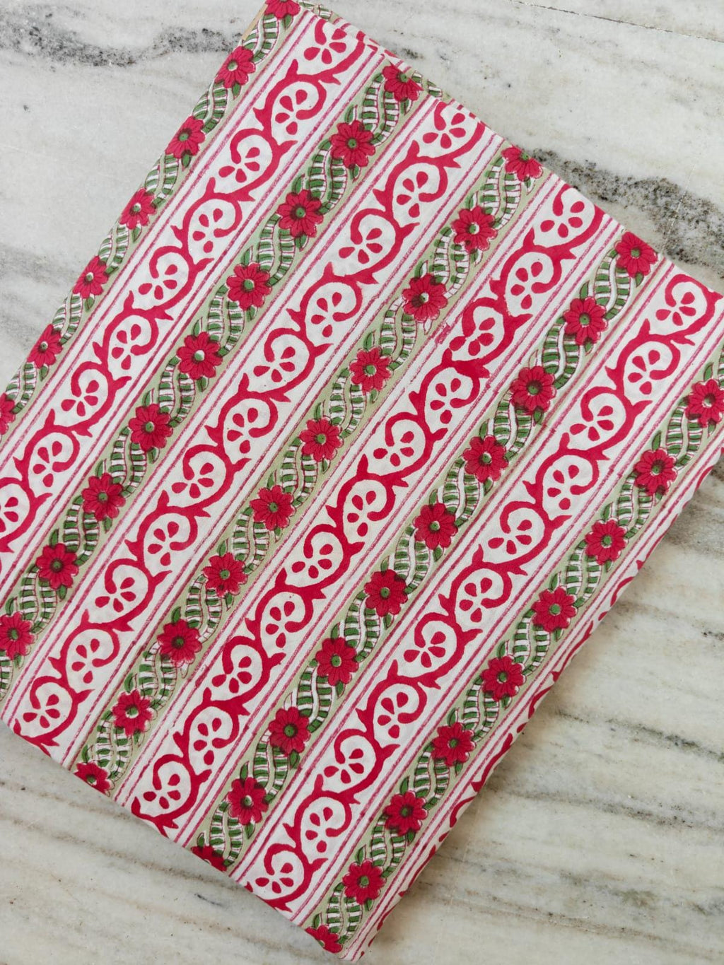 Hand Block Print Cotton Fabric by Yard, Pink Floral Stripe Cotton Fabric, Indian Handmade Fabric for Dresses Quilts Crafts Home Decor