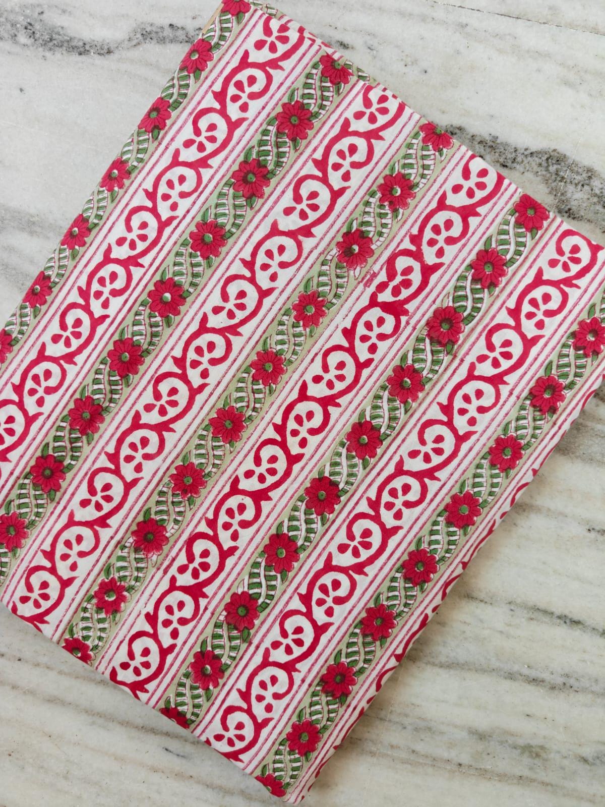 Hand Block Print Cotton Fabric by Yard, Pink Floral Stripe Cotton Fabric, Indian Handmade Fabric for Dresses Quilts Crafts Home Decor