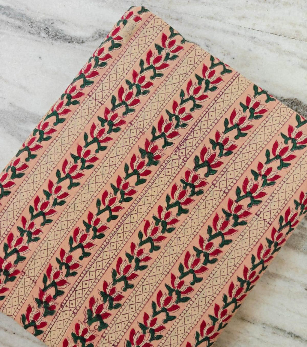 Peach Floral Stripe Fabric, Hand Block Print Cotton Fabric by The Yard, Indian Handmade Cotton Textile for Sewing Quilting Craft Decor