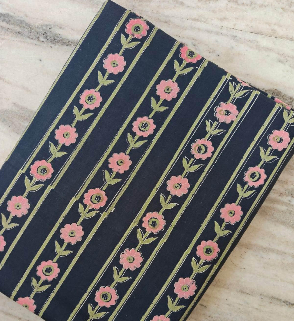 Navy Blue Floral Stripe Cotton Fabric by Yard, Hand Block Print Indian Cotton Fabric for Sewing Quilting Dresses Home Decor, Table Cover
