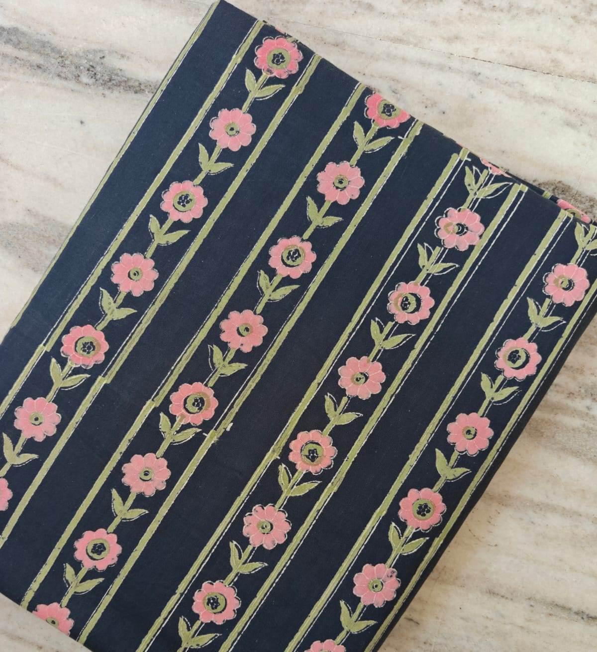 Navy Blue Floral Stripe Cotton Fabric by Yard, Hand Block Print Indian Cotton Fabric for Sewing Quilting Dresses Home Decor, Table Cover