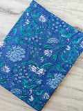 Blue Floral Cotton Fabric by Yard, Indian Hand Block Print Fabric, Soft Cotton Craft Fabric, Blue Botanical Fabric for Sewing Dressmaking