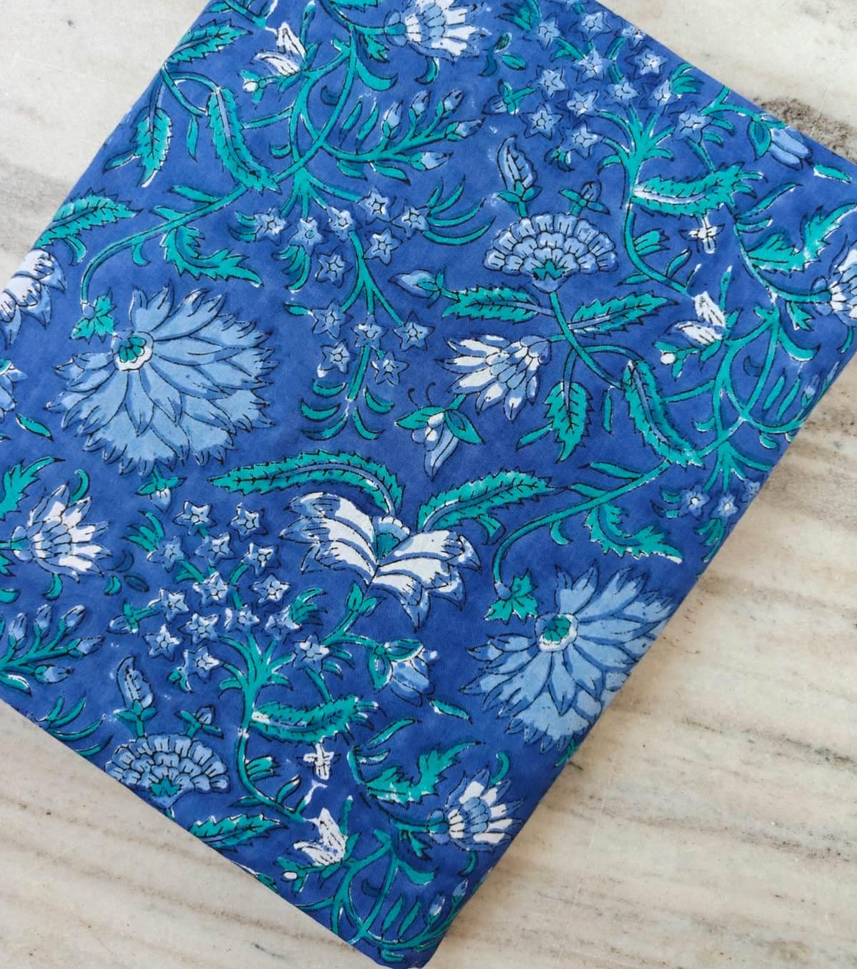 Blue Floral Cotton Fabric by Yard, Indian Hand Block Print Fabric, Soft Cotton Craft Fabric, Blue Botanical Fabric for Sewing Dressmaking