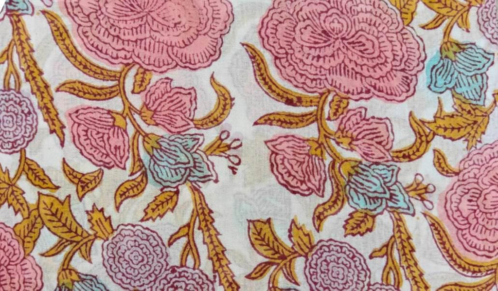 New Arrival Pink Floral Cotton Fabric by The Yard, Hand Block Print Fabric, Indian Cotton Fabric, Flower Print Fabric, Dressmaking Fabric