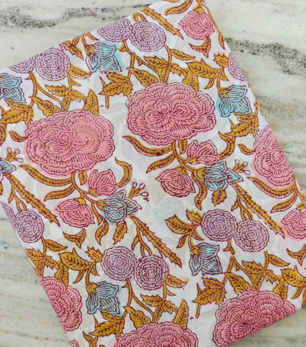 New Arrival Pink Floral Cotton Fabric by The Yard, Hand Block Print Fabric, Indian Cotton Fabric, Flower Print Fabric, Dressmaking Fabric