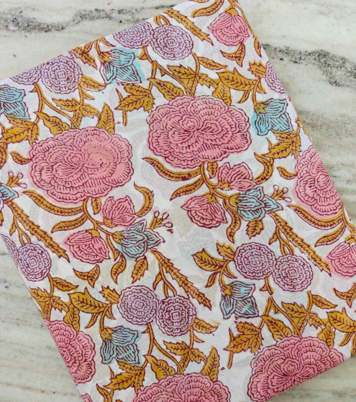 New Arrival Pink Floral Cotton Fabric by The Yard, Hand Block Print Fabric, Indian Cotton Fabric, Flower Print Fabric, Dressmaking Fabric