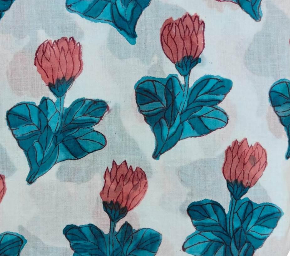 New Arrival Floral Cotton Fabric by the Yard, Hand Block Print Cotton Fabric, Blue Leaf Pink Flower Fabric, Indian Dressmaking Cotton Fabric