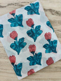 New Arrival Floral Cotton Fabric by the Yard, Hand Block Print Cotton Fabric, Blue Leaf Pink Flower Fabric, Indian Dressmaking Cotton Fabric
