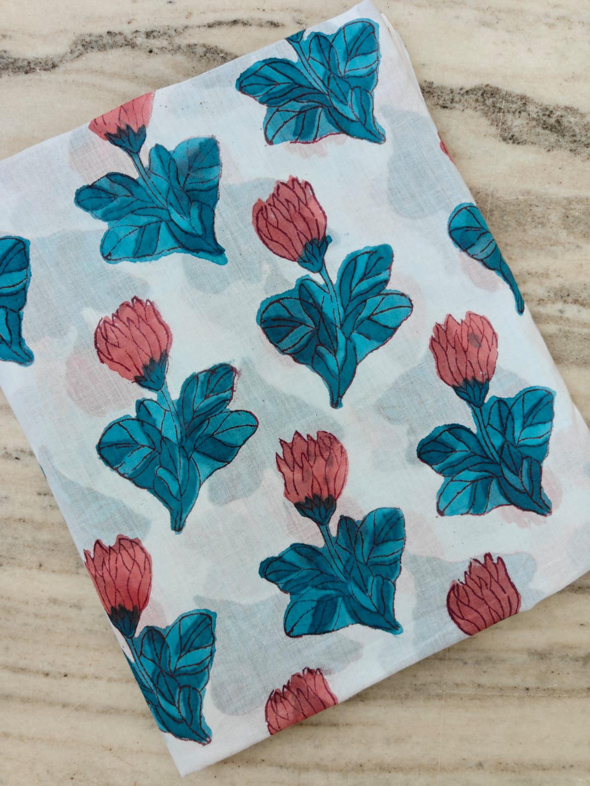 New Arrival Floral Cotton Fabric by the Yard, Hand Block Print Cotton Fabric, Blue Leaf Pink Flower Fabric, Indian Dressmaking Cotton Fabric