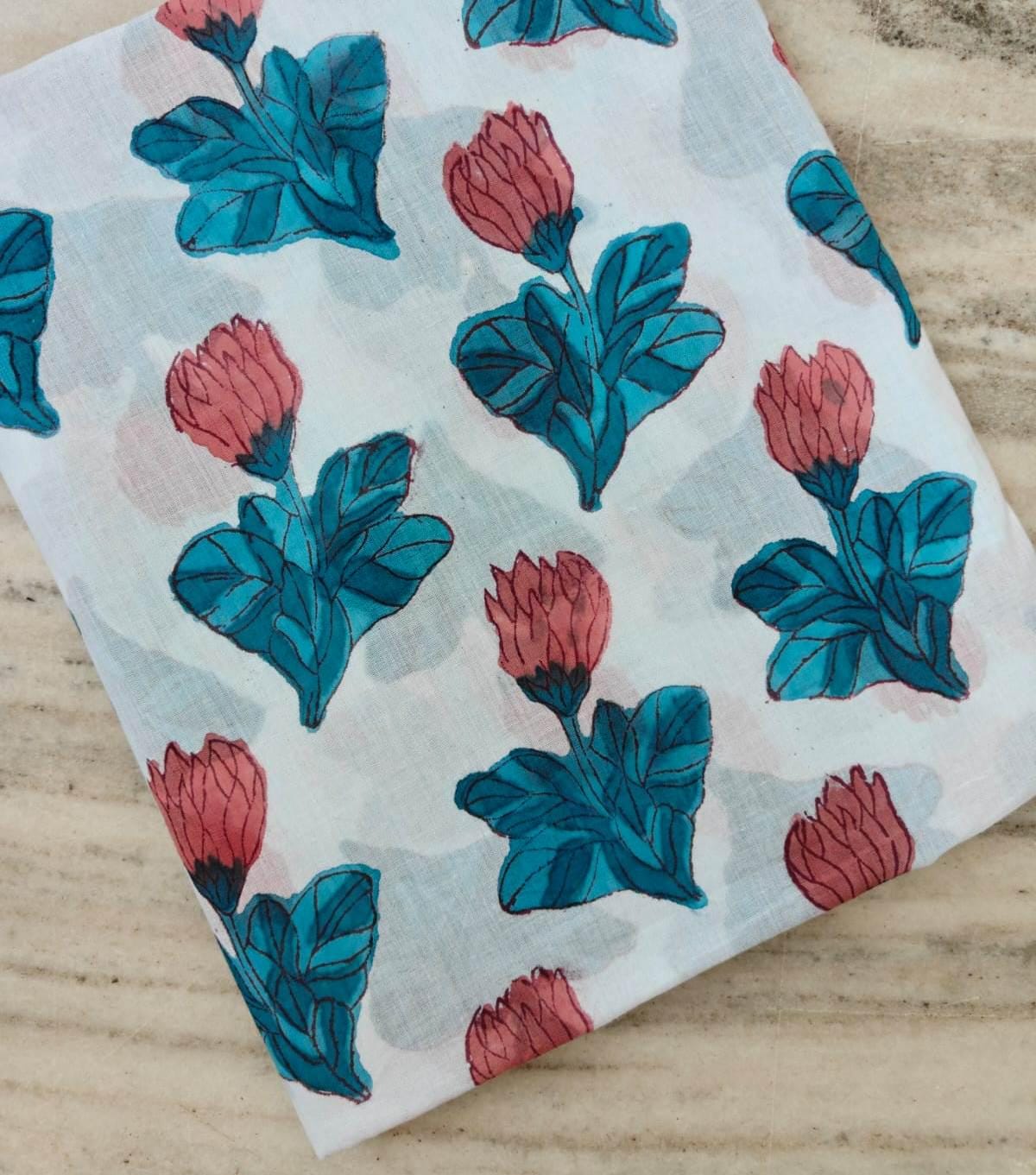 New Arrival Floral Cotton Fabric by the Yard, Hand Block Print Cotton Fabric, Blue Leaf Pink Flower Fabric, Indian Dressmaking Cotton Fabric