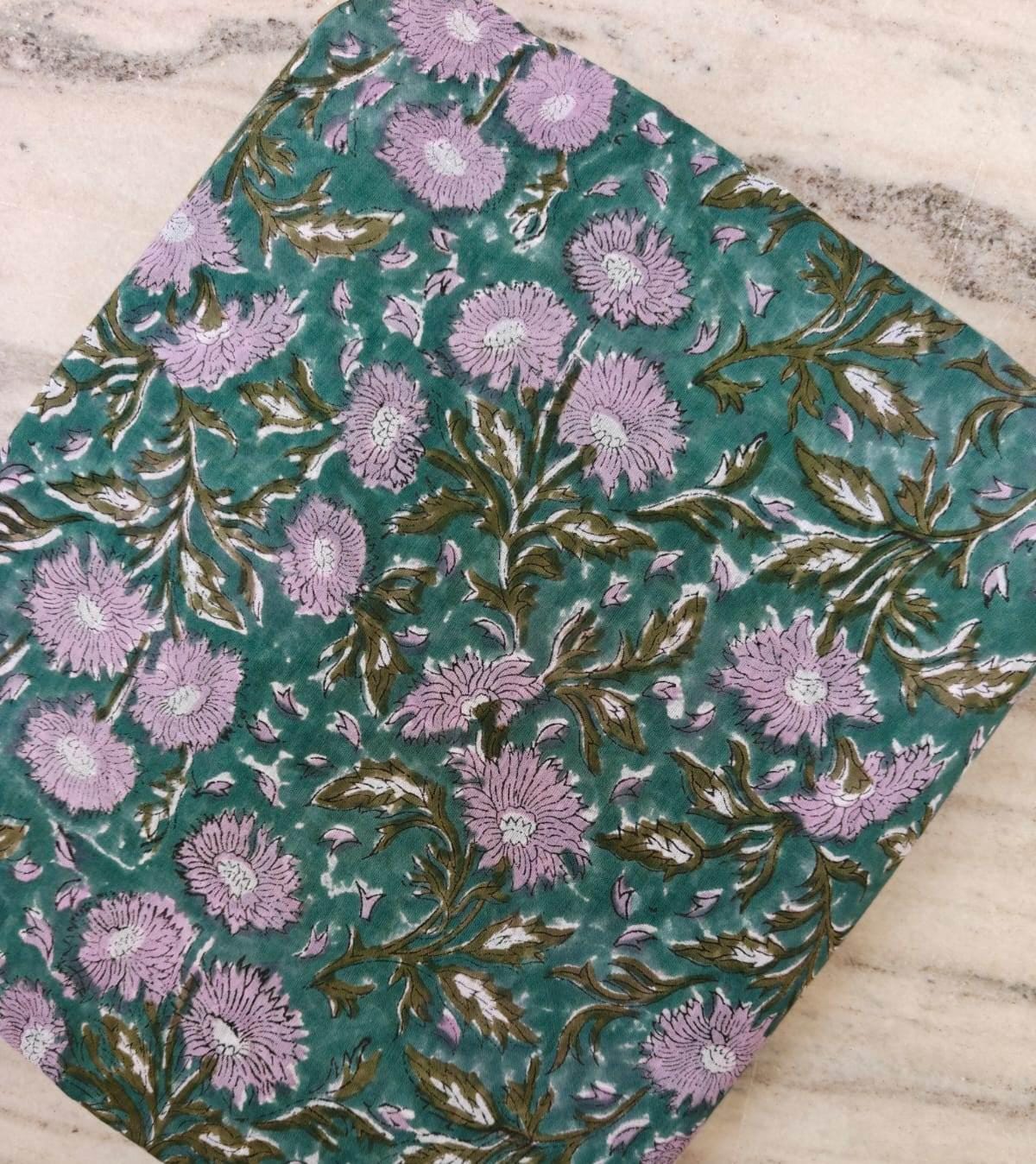 Hand Block Print Cotton Fabric by Yard Teal Green Floral Fabric Pink Flower Indian Cotton Handmade Quilting Sewing Craft Fabric Home Decor