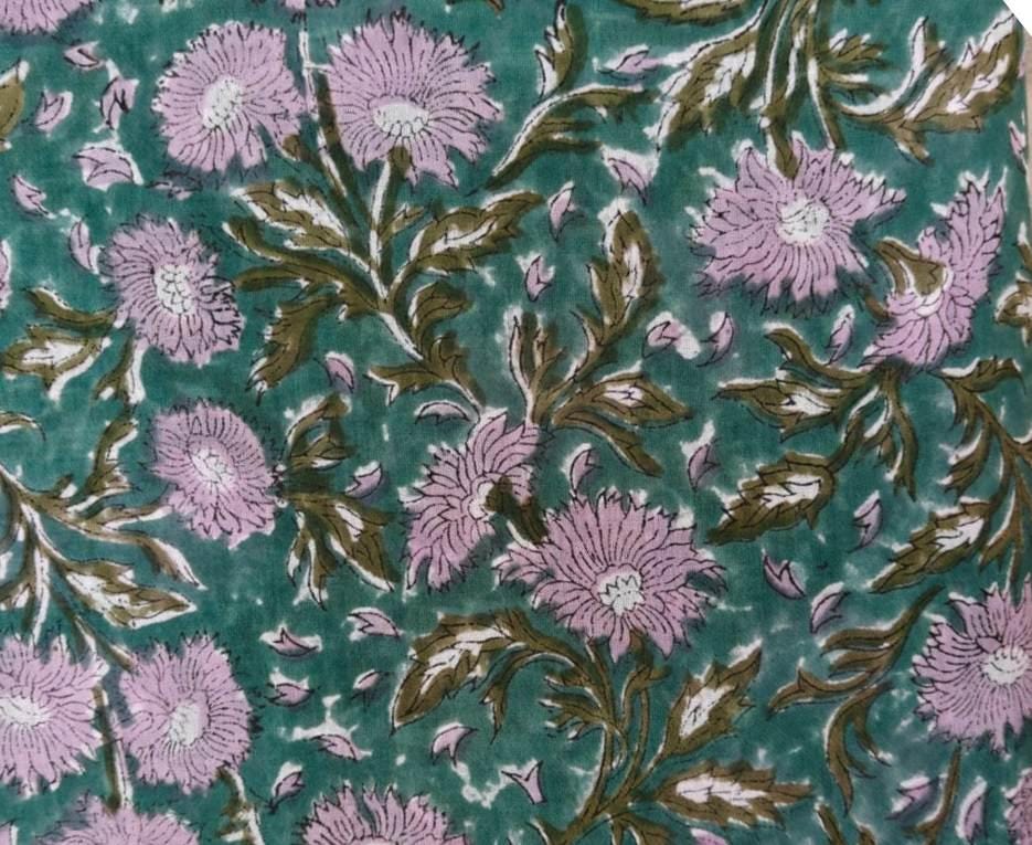 Hand Block Print Cotton Fabric by Yard Teal Green Floral Fabric Pink Flower Indian Cotton Handmade Quilting Sewing Craft Fabric Home Decor