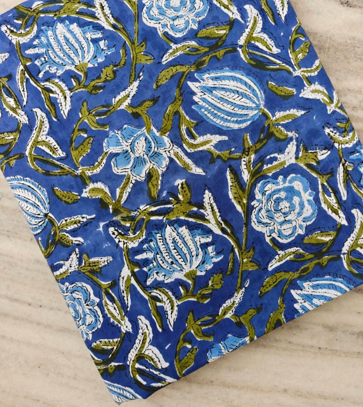 Royal Blue Floral Cotton By The Fabric, Handmade Block Printed Indian Textile, Soft Cotton Fabric for Dressmaking, Quilts, Crafts Home Decor