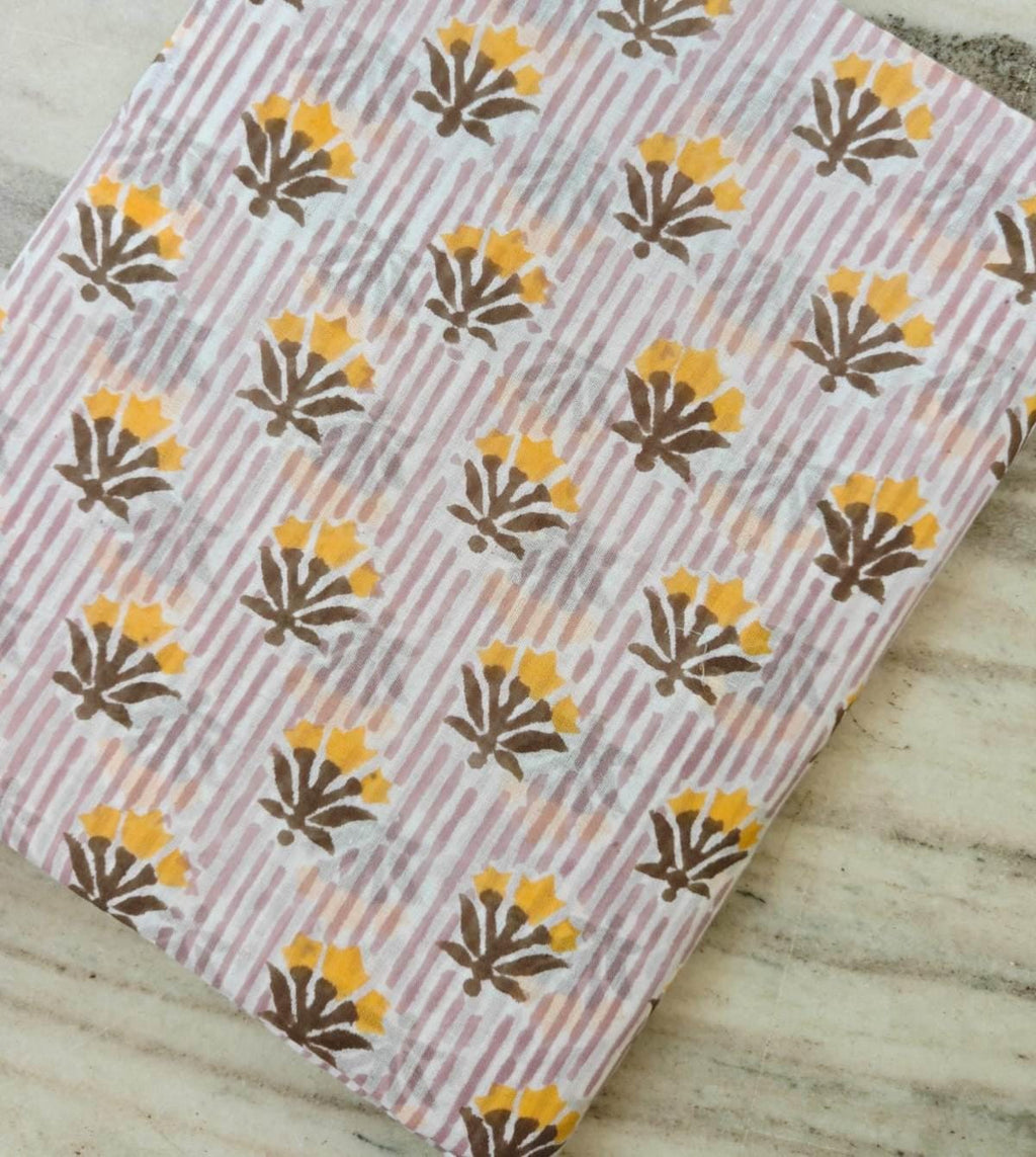Pink Striped Floral Cotton Fabric by Yard, Hand Block Print Cotton Fabric, Indian Cotton Fabric for Sewing Quilting Dressmaking Craft Fabric