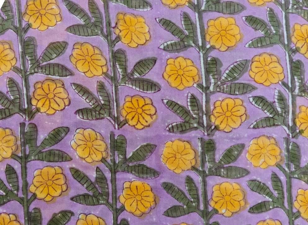 Lavender Floral Cotton Fabric by Yard, Hand Block Print Fabric, Yellow Flower Indian Cotton Fabric for Sewing Quilting Dressmaking, Fabric